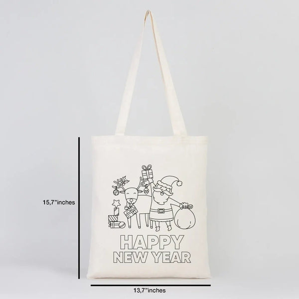 Color Your Own Happy New Year Tote – Santa & Gifts Cotton Bag - Pamusan.com