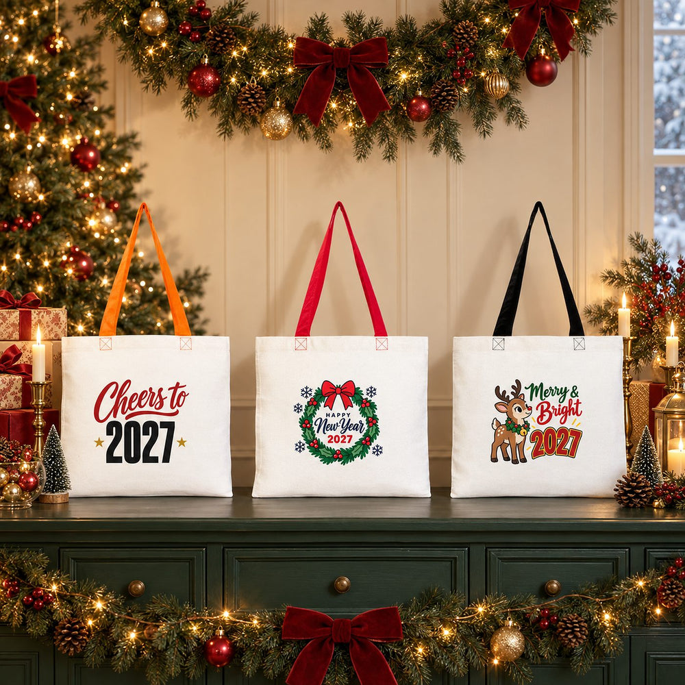 Colorful Tote Bags Bulk – Christmas & New Year 2027 Cotton Totes 16" × 14" (40 × 35 cm) with Black, Red or Orange Handles, 18 Designs - Pamusan.com