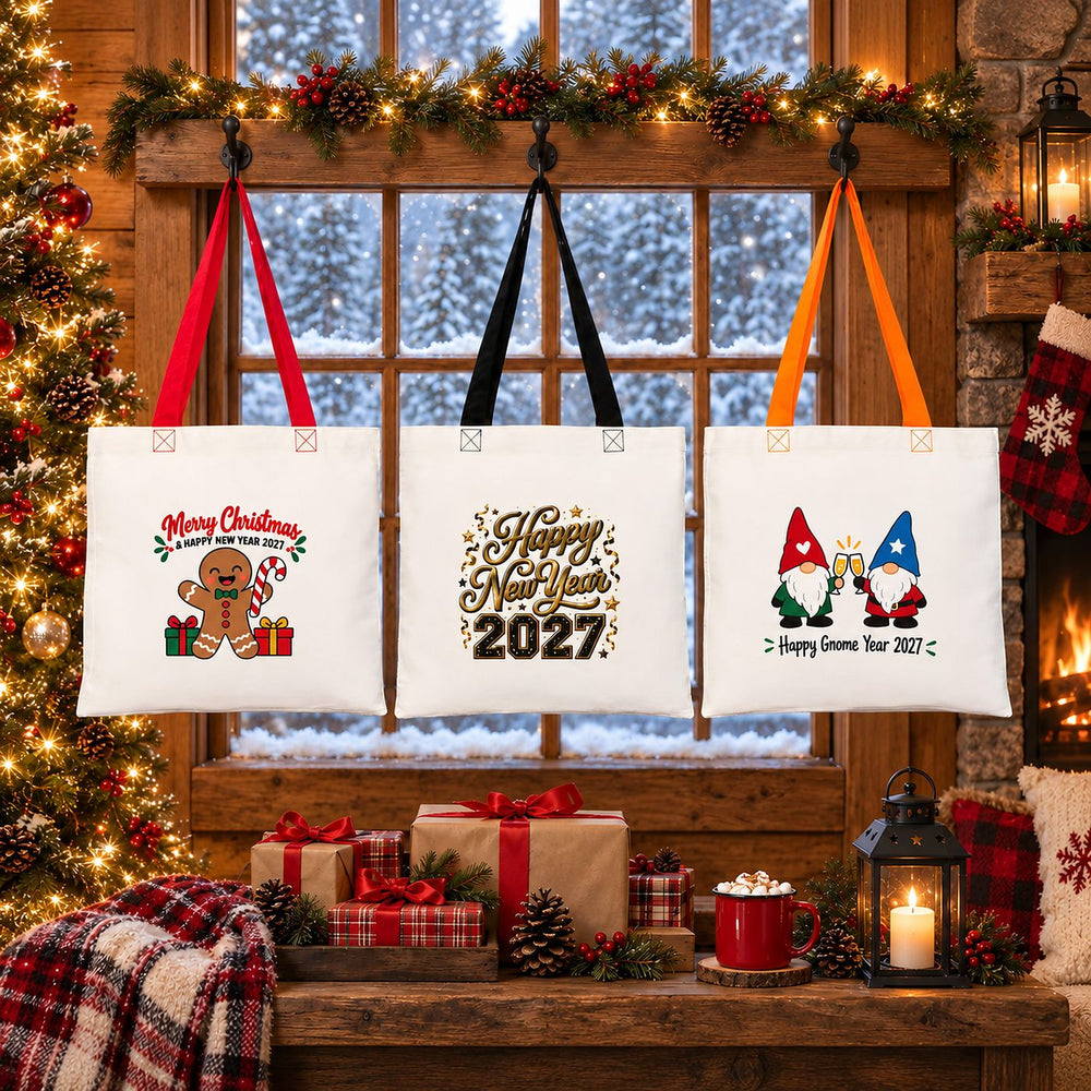 Colorful Tote Bags Bulk – Christmas & New Year 2027 Cotton Totes 16" × 14" (40 × 35 cm) with Black, Red or Orange Handles, 18 Designs - Pamusan.com