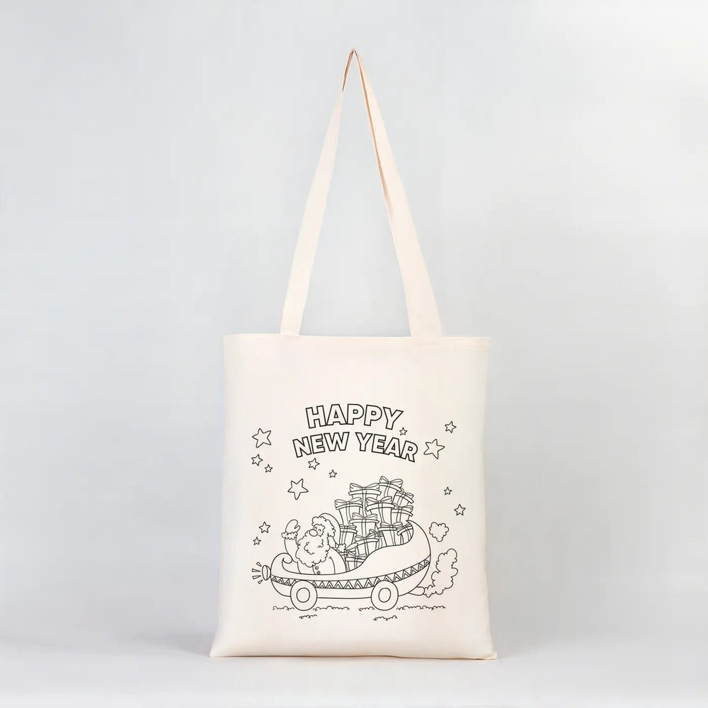 Coloring Happy New Year Cotton Tote Bag – DIY Santa Design - Pamusan.com