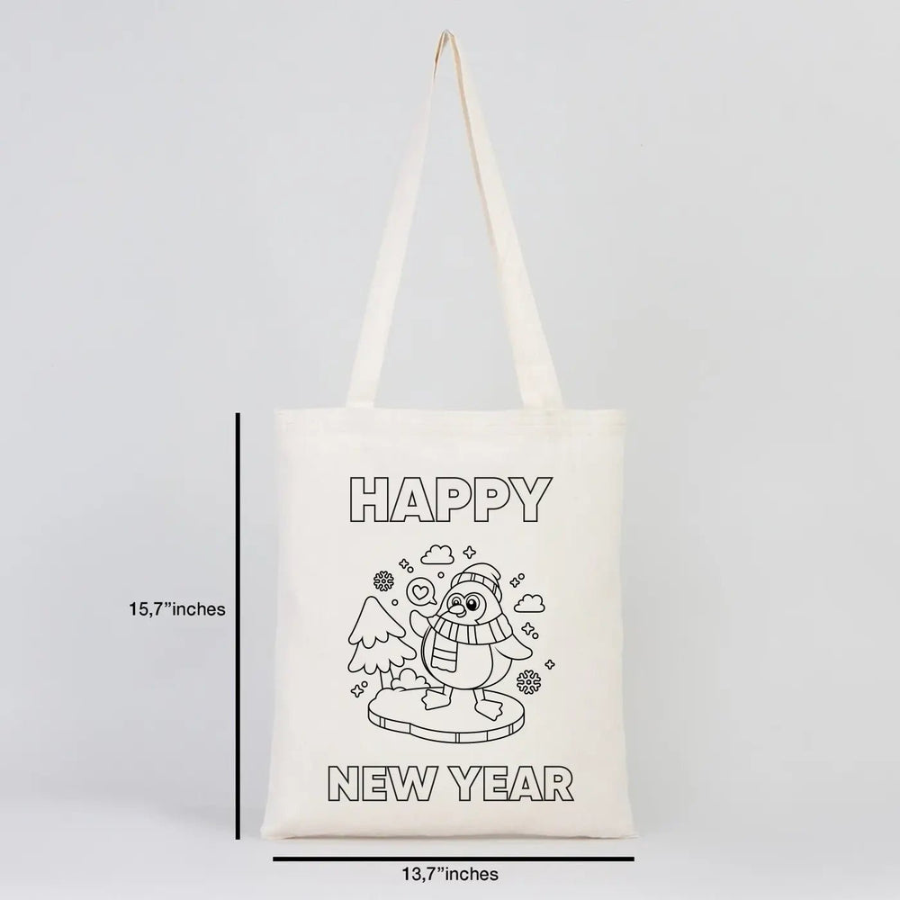 Coloring Happy New Year Tote Bag – Cute Penguin DIY Cotton Bag for Kids - Pamusan.com
