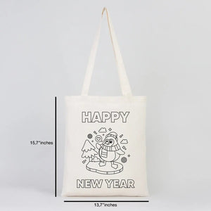 Coloring Happy New Year Tote Bag – Cute Penguin DIY Cotton Bag for Kids - Pamusan.com