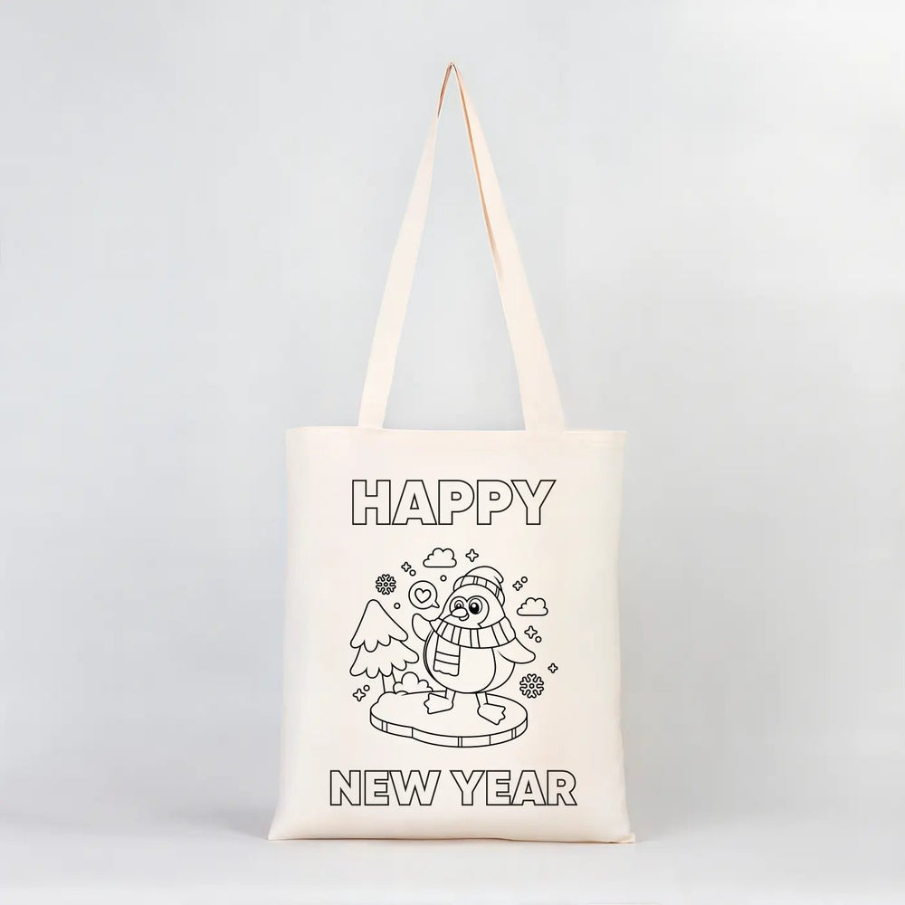 Coloring Happy New Year Tote Bag – Cute Penguin DIY Cotton Bag for Kids - Pamusan.com