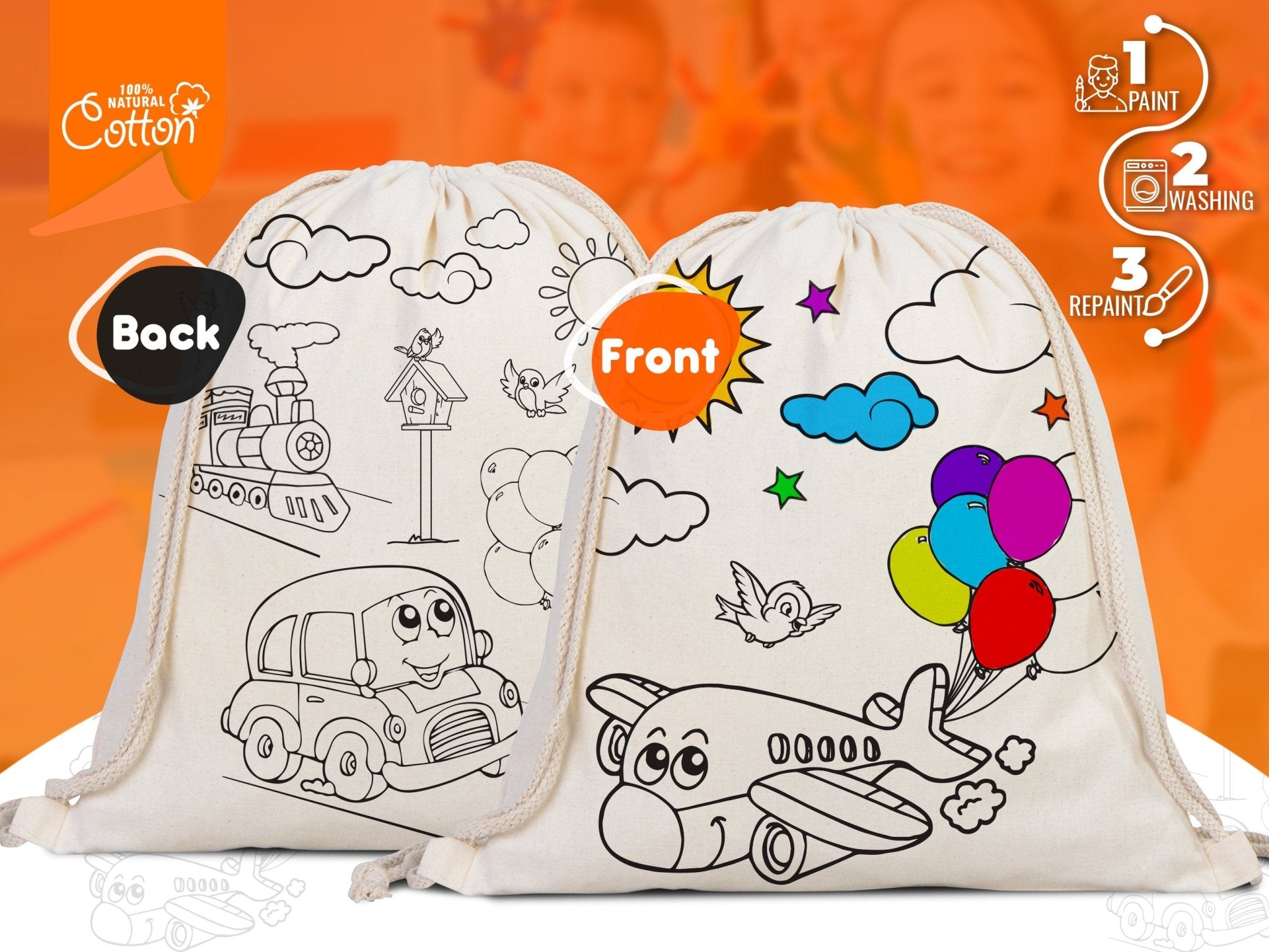 Coloring Plane and Car Kids Bag / Cotton Drawstring, Art Set