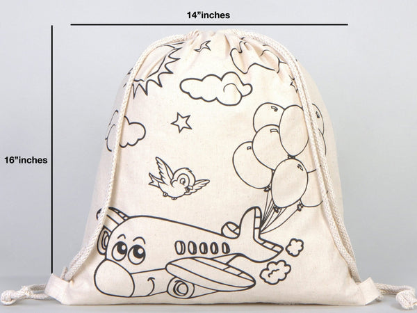 Coloring Plande And Car, NO PENCIL In This Package, 14"W x 16"H (35 cm x 40 cm) Kids Bag Cotton Drawstring Bags For Kids & Schools - Pamusan.com