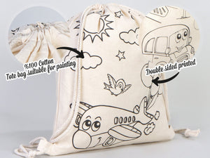 Coloring Plande And Car, NO PENCIL In This Package, 14"W x 16"H (35 cm x 40 cm) Kids Bag Cotton Drawstring Bags For Kids & Schools - Pamusan.com