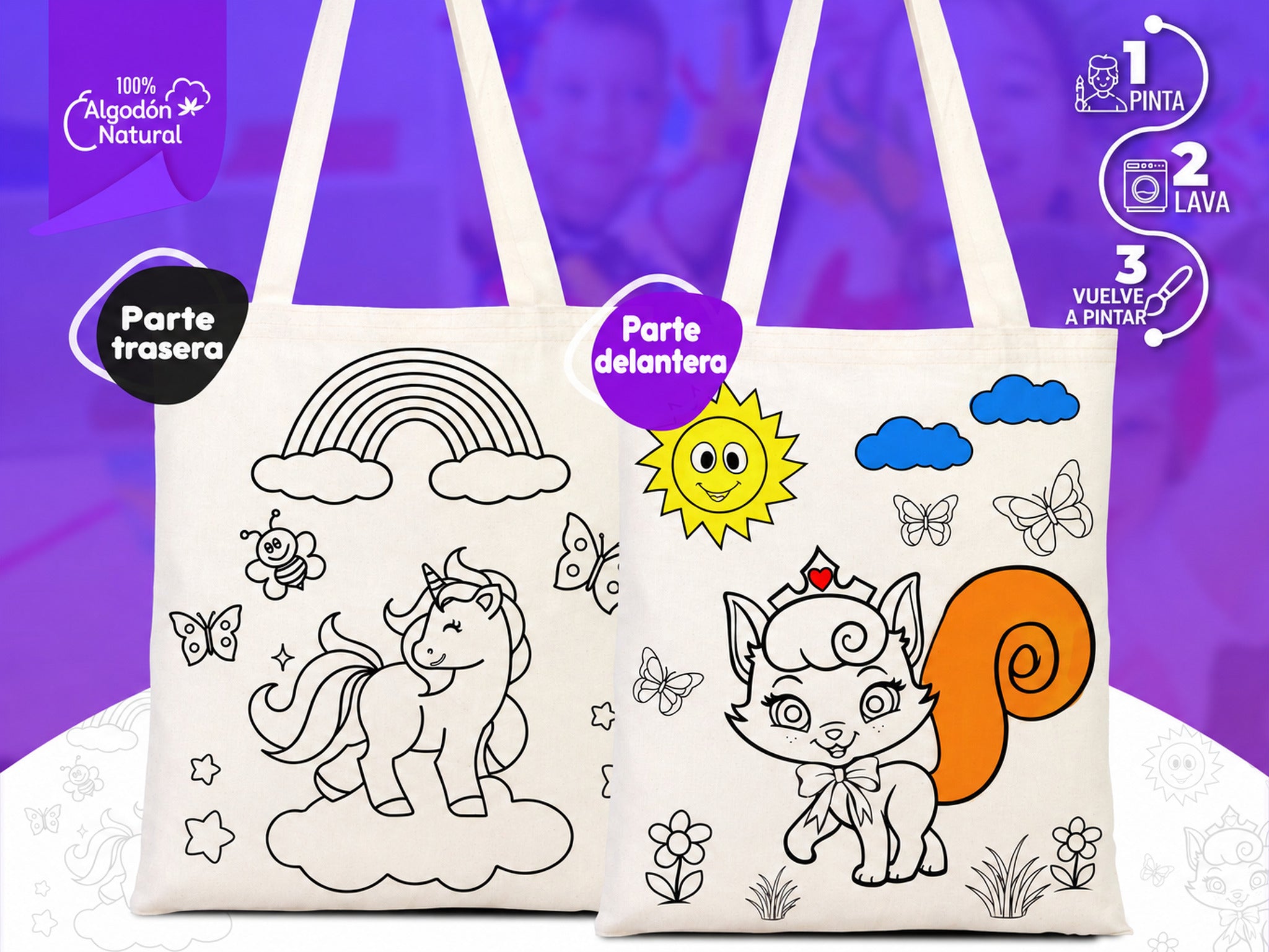 Bolsa tote lavable para colorear con diseño de unicornio y gato para aulas de primaria