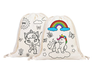 Magical Unicorn and Cat Kids Cotton Drawstring Coloring Bag - 14"x16" (35x40cm) - Pamusan.com