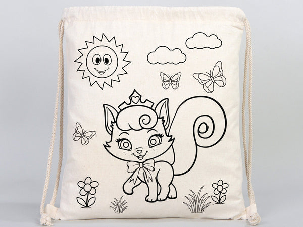 Magical Unicorn and Cat Kids Cotton Drawstring Coloring Bag - 14"x16" (35x40cm) - Pamusan.com
