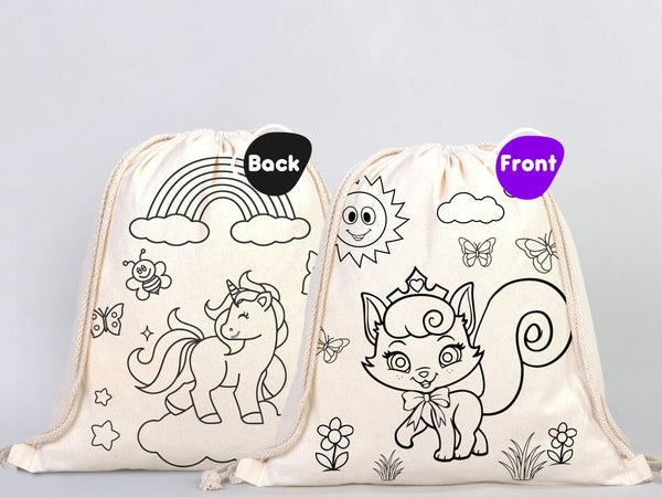 Magical Unicorn and Cat Kids Cotton Drawstring Coloring Bag - 14"x16" (35x40cm) - Pamusan.com