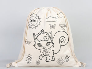Magical Unicorn and Cat Kids Cotton Drawstring Coloring Bag - 14"x16" (35x40cm) - Pamusan.com