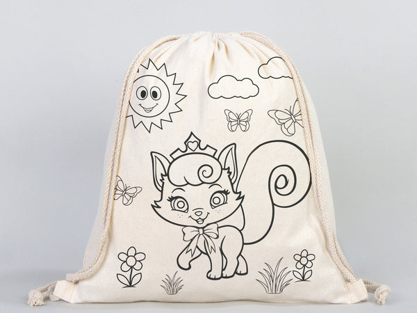 Magical Unicorn and Cat Kids Cotton Drawstring Coloring Bag - 14"x16" (35x40cm) - Pamusan.com