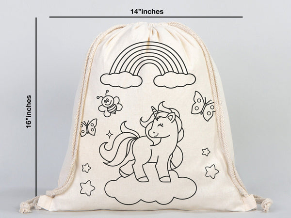 Magical Unicorn and Cat Kids Cotton Drawstring Coloring Bag - 14"x16" (35x40cm) - Pamusan.com
