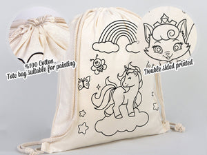 Magical Unicorn and Cat Kids Cotton Drawstring Coloring Bag - 14"x16" (35x40cm) - Pamusan.com