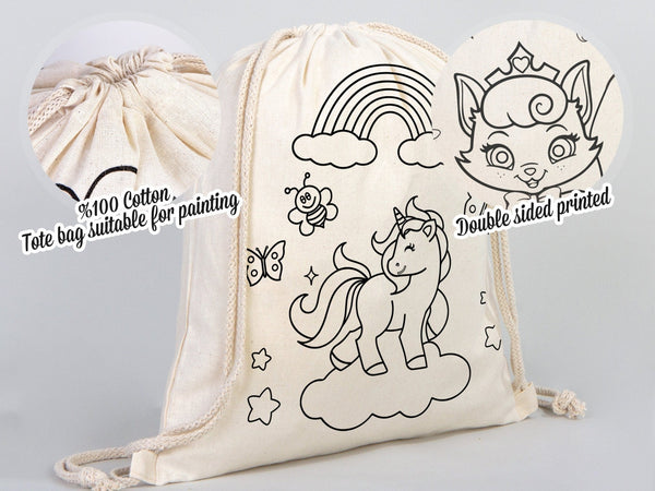 Magical Unicorn and Cat Kids Cotton Drawstring Coloring Bag - 14"x16" (35x40cm) - Pamusan.com