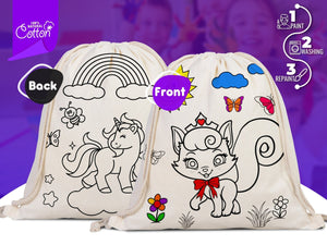 Magical Unicorn and Cat Kids Cotton Drawstring Coloring Bag - 14"x16" (35x40cm) - Pamusan.com
