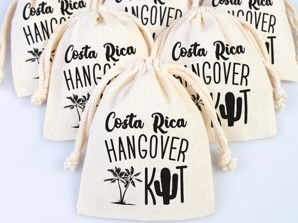 Costa Rica Hangover Bags - Custom Party Bags for Survival & Recovery Kit - Bachelorette Custom Name Print - Organic Cotton Drawstring Pouches - Pamusan.com