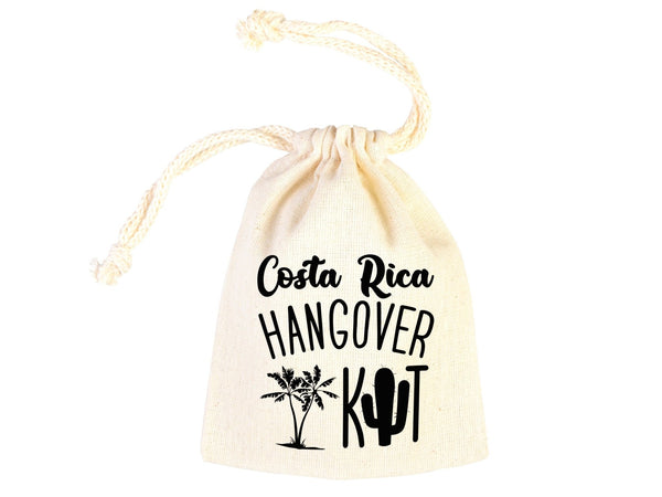 Costa Rica Hangover Bags - Custom Party Bags for Survival & Recovery Kit - Bachelorette Custom Name Print - Organic Cotton Drawstring Pouches - Pamusan.com