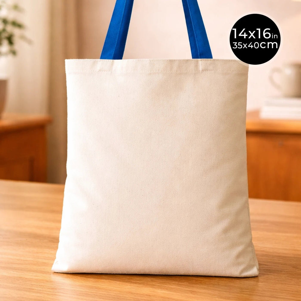 Cotton Tote Bag 14"x16" with Saks Blue Handles – Reusable Eco - Friendly Tote - Pamusan.com