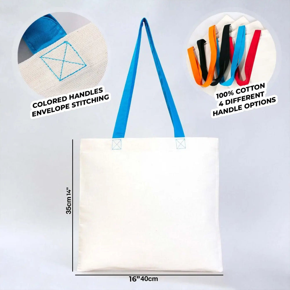 Cotton Tote Bag – 16" × 14" (40 × 35 cm) – Blue Handles - Pamusan.com