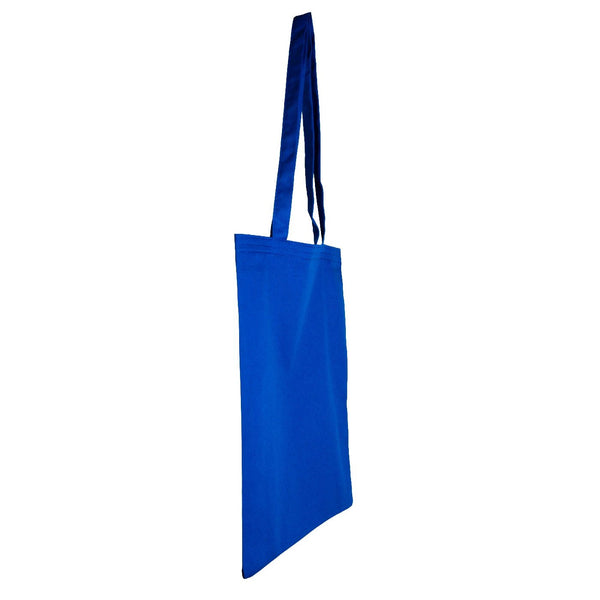 Blue tote bag with long handles on a white background