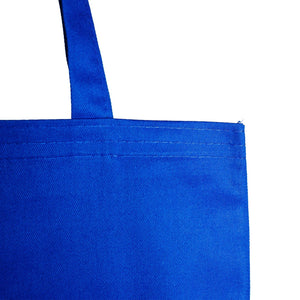 Close-up of a blue tote bag with a white background
