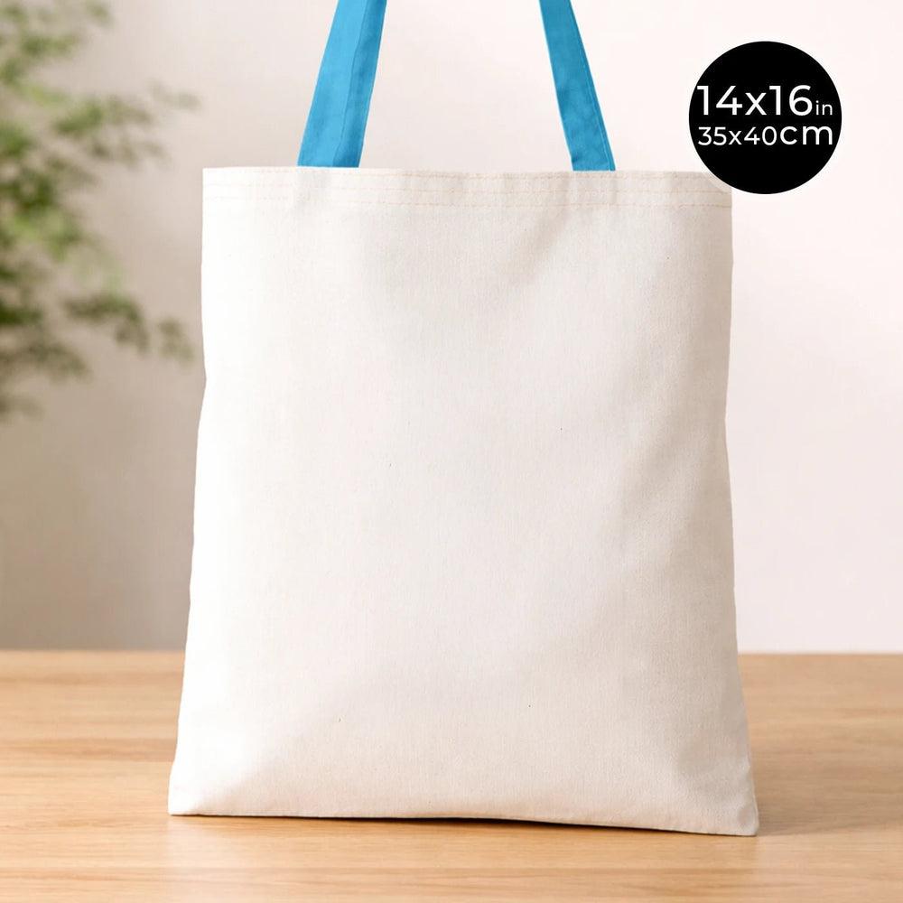 Cotton Tote Bag with Turquoise Handles – 14x16 in Reusable Plain Cotton Bag - Pamusan.com