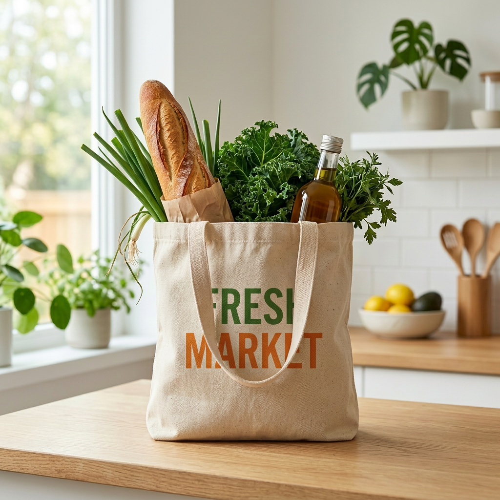 Tote bag labeled 'Fresh Market' filled with groceries on a kitchen counter.