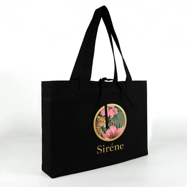 Custom black canvas tote bag with printed brand design – sample print – Pamusan.com