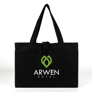 Custom black canvas tote bag with printed hotel logo – sample print – Pamusan.com
