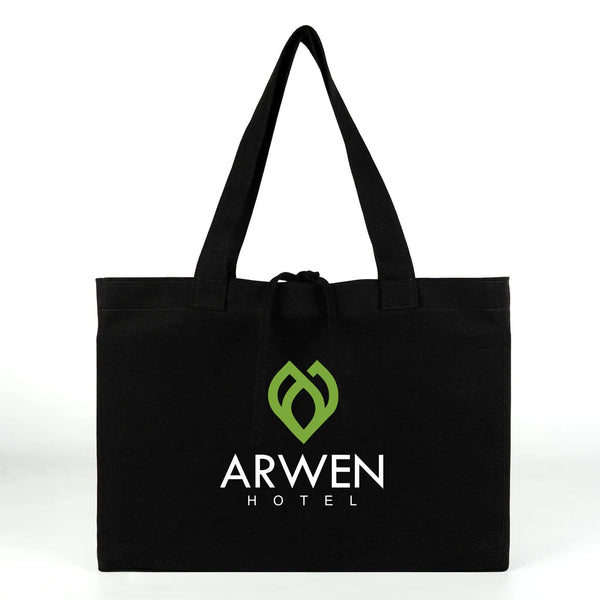 Custom black canvas tote bag with printed hotel logo – sample print – Pamusan.com