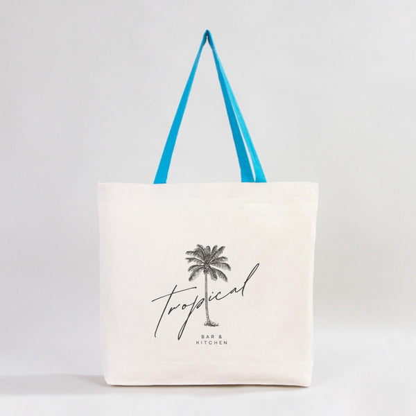 Custom Canvas Beach Tote Bag with Blue Handles – 19" × 16" × 4" (48 × 41 × 10 cm) – 10 oz Cotton - Pamusan.com