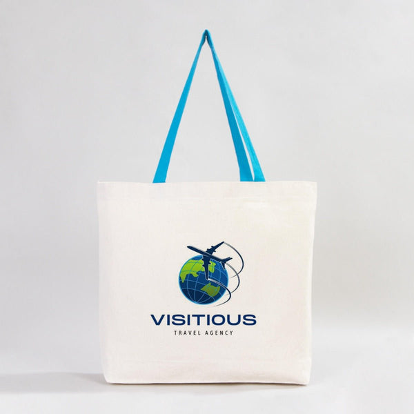 Custom Canvas Beach Tote Bag with Blue Handles – 19" × 16" × 4" (48 × 41 × 10 cm) – 10 oz Cotton - Pamusan.com