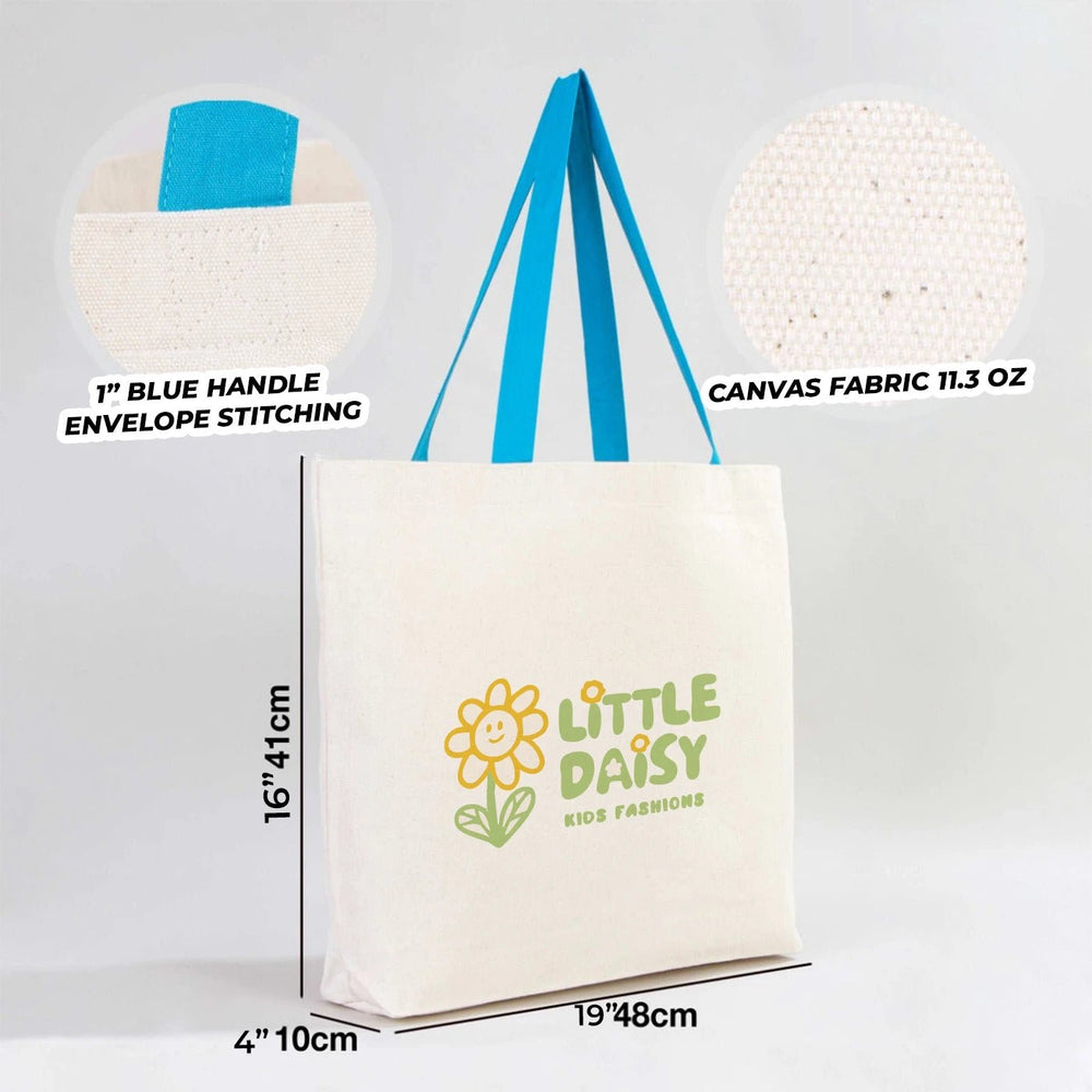 Custom Canvas Beach Tote Bag with Blue Handles – 19" × 16" × 4" (48 × 41 × 10 cm) – 10 oz Cotton - Pamusan.com