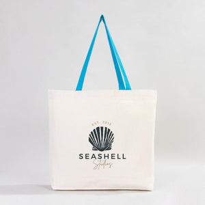 Custom Canvas Beach Tote Bag with Blue Handles – 19" × 16" × 4" (48 × 41 × 10 cm) – 10 oz Cotton - Pamusan.com
