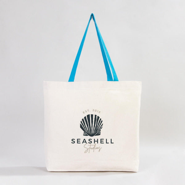 Custom Canvas Beach Tote Bag with Blue Handles – 19" × 16" × 4" (48 × 41 × 10 cm) – 10 oz Cotton - Pamusan.com