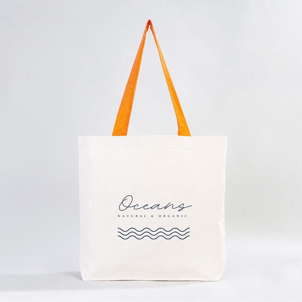 Custom Canvas Beach Tote Bag with Orange Handles – 19" × 16" × 4" (48 × 41 × 10 cm) – 10 oz Cotton - Pamusan.com