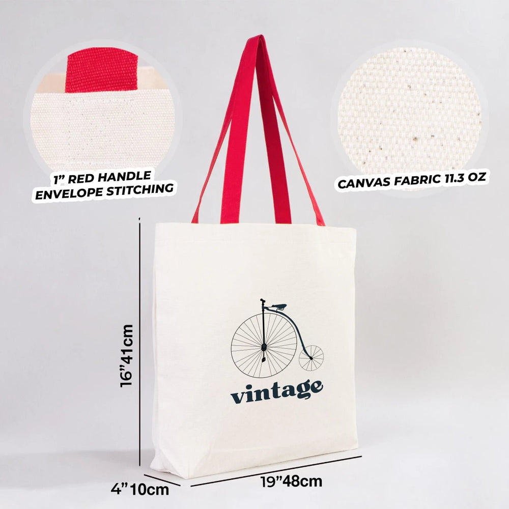 Custom Canvas Beach Tote Bag with Red Handles – 19" × 16" × 4" (48 × 41 × 10 cm) – 10 oz Cotton - Pamusan.com
