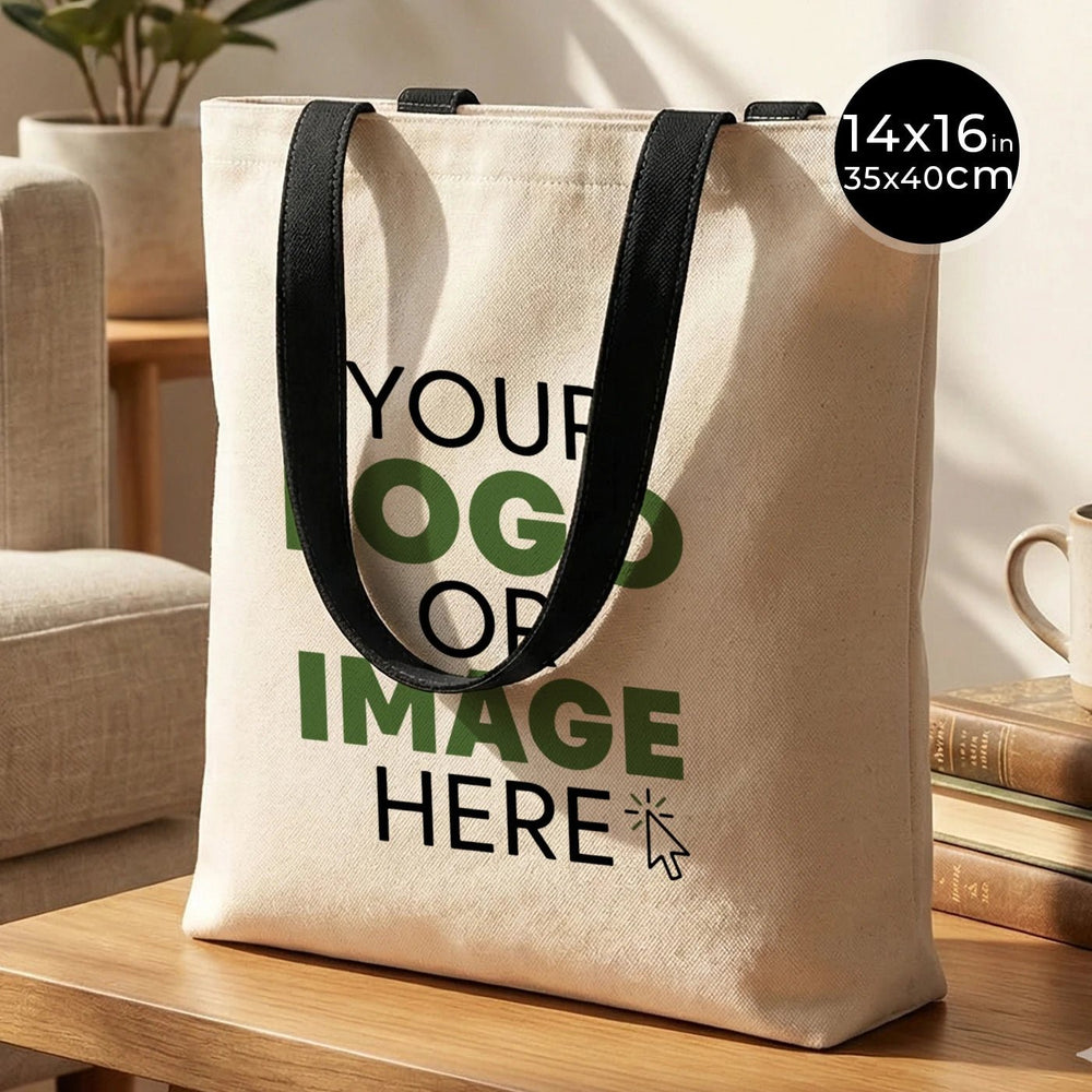 Custom Canvas Purse with Black Handles - 14" x 16" (35x40 cm) - 10 oz - Pamusan.com