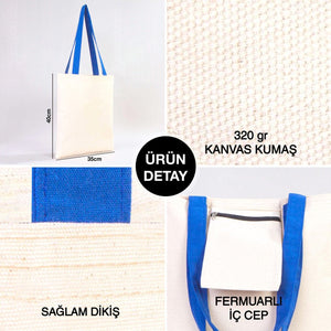 Custom Canvas Purse with Blue Handles - 14" x 16" (35x40 cm) - 10 oz - Pamusan.com