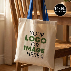 Custom Canvas Purse with Blue Handles - 14" x 16" (35x40 cm) - 10 oz - Pamusan.com