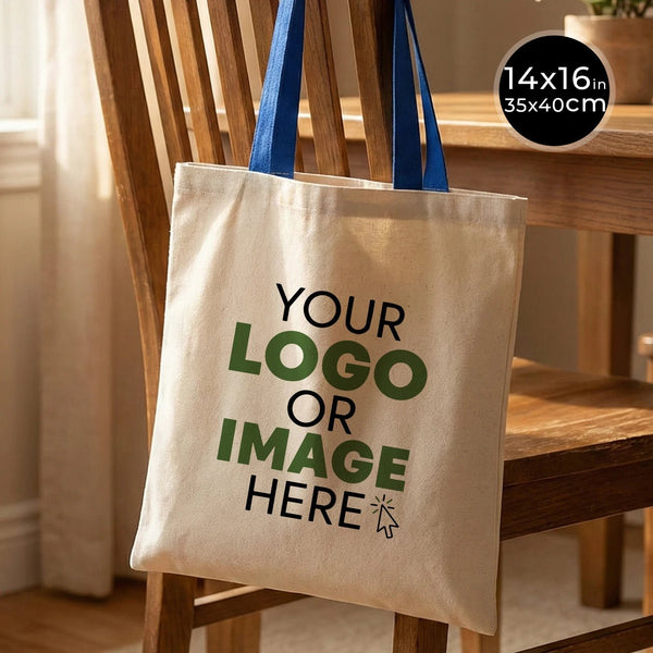 Custom Canvas Purse with Blue Handles - 14" x 16" (35x40 cm) - 10 oz - Pamusan.com