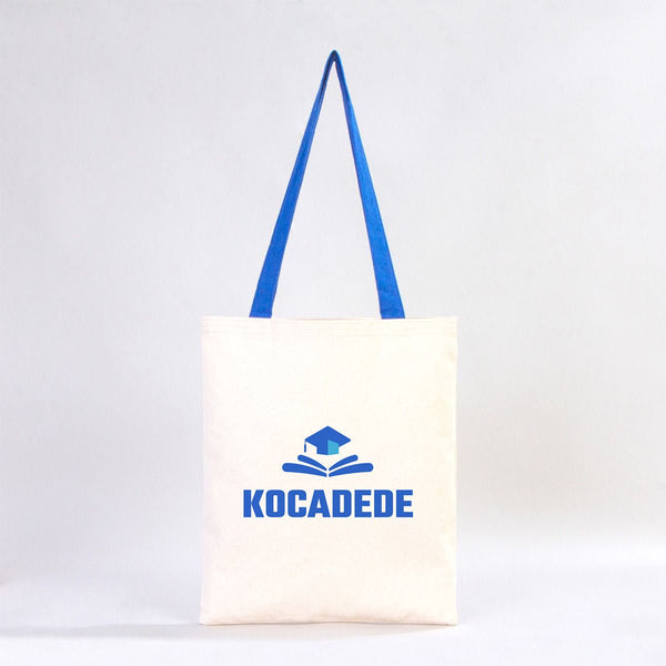 Custom Canvas Purse with Blue Handles - 14" x 16" (35x40 cm) - 10 oz - Pamusan.com