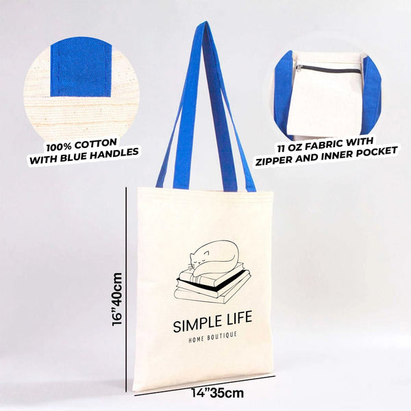 Custom Canvas Purse with Blue Handles - 14" x 16" (35x40 cm) - 10 oz - Pamusan.com