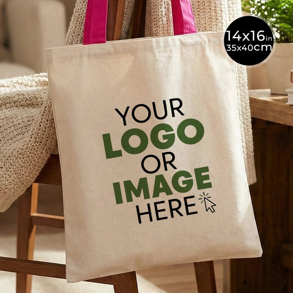 Custom Canvas Purse with Fuchsia Handles - 14" x 16" (35x40 cm) - 10 oz - Pamusan.com