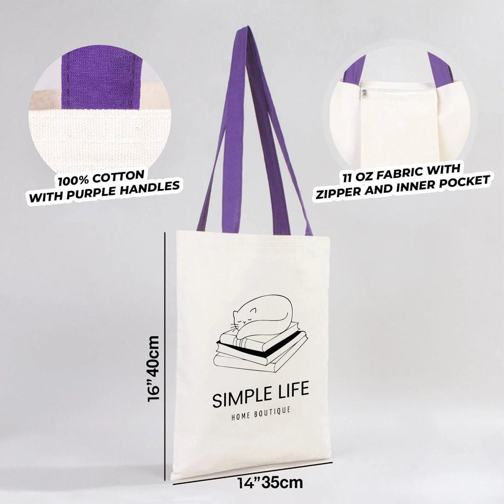 Custom Canvas Purse with Purple Handles - 14" x 16" (35x40 cm) - 10 oz - Pamusan.com