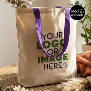 Custom Canvas Purse with Purple Handles - 14" x 16" (35x40 cm) - 10 oz - Pamusan.com