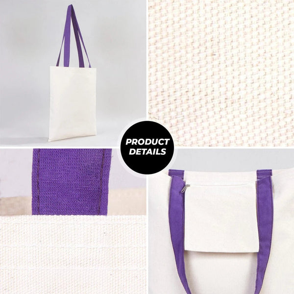Custom Canvas Purse with Purple Handles - 14" x 16" (35x40 cm) - 10 oz - Pamusan.com