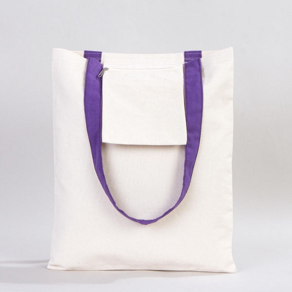 Custom Canvas Purse with Purple Handles - 14" x 16" (35x40 cm) - 10 oz - Pamusan.com