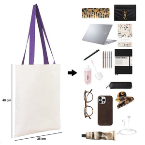 Custom Canvas Purse with Purple Handles - 14" x 16" (35x40 cm) - 10 oz - Pamusan.com